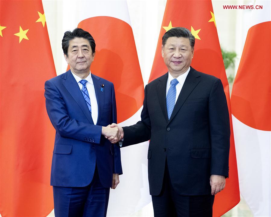 Chinese President Xi Jinping meets with Japanese Prime Minister Shinzo Abe at the Great Hall of the People in Beijing, capital of China, Dec. 23, 2019. (Xinhua/Li Xueren)