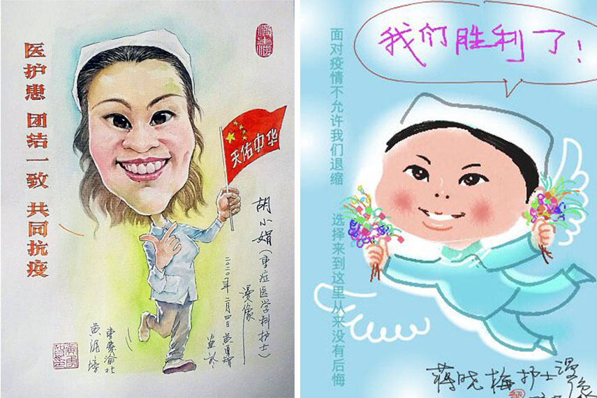 Chinese cartoonists draw portraits of frontline medical workers