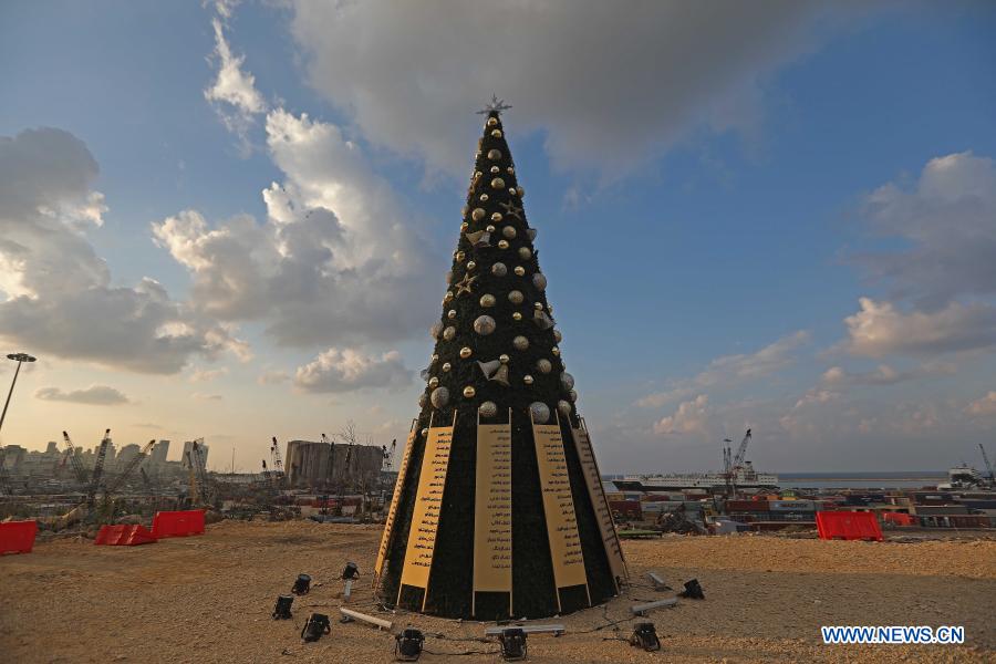 Christmas tree with names of victims in Beirut port blast seen in Lebanon