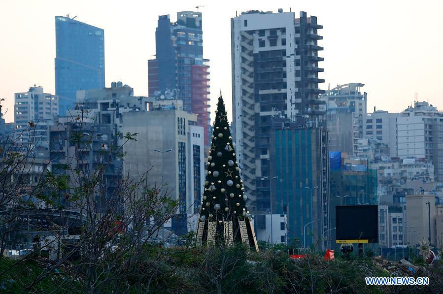 Christmas tree with names of victims in Beirut port blast seen in Lebanon