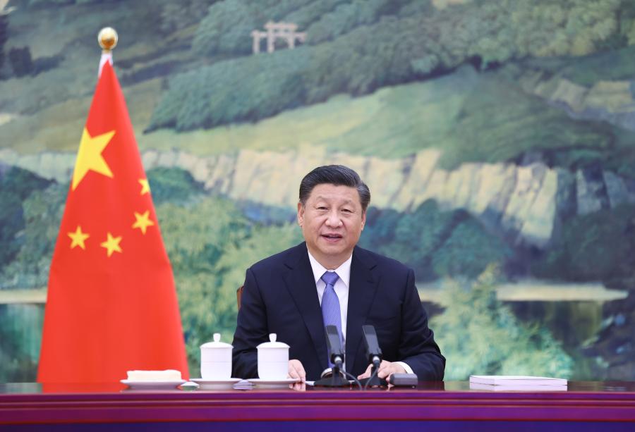 Chinese President Xi Jinping hears a work report delivered via video link from Chief Executive of the Macao Special Administrative Region (SAR) Ho Iat Seng on the Macao SAR government’s work in 2020 and Macao’s current situation, in Beijing, capital of China, Jan. 27, 2021. (Xinhua/Ju Peng)