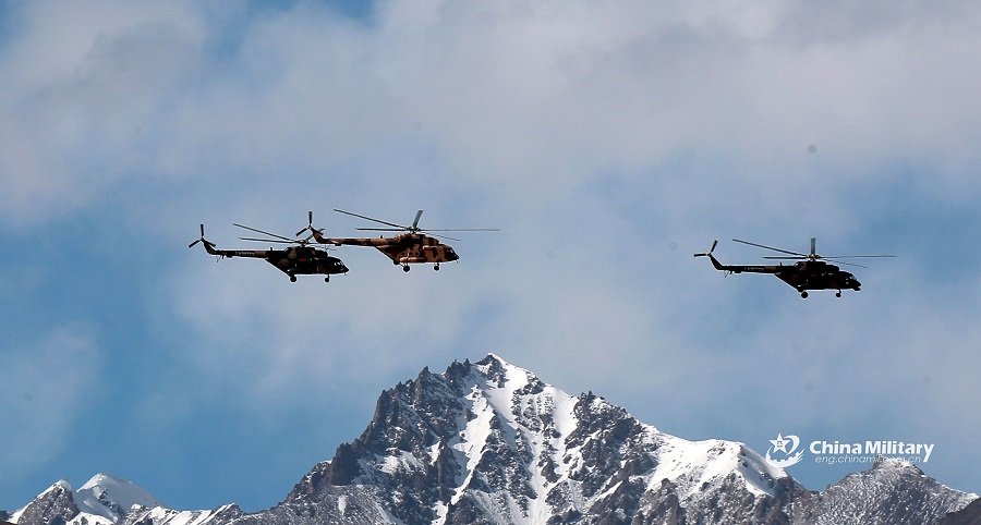 Gunship formation takes off in morning light