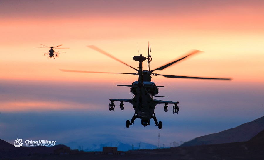 Gunship formation takes off in morning light