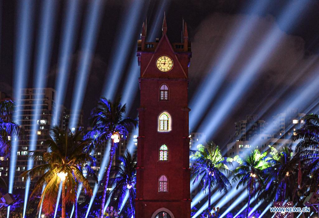 Light show held at bell tower in Haikou, Hainan