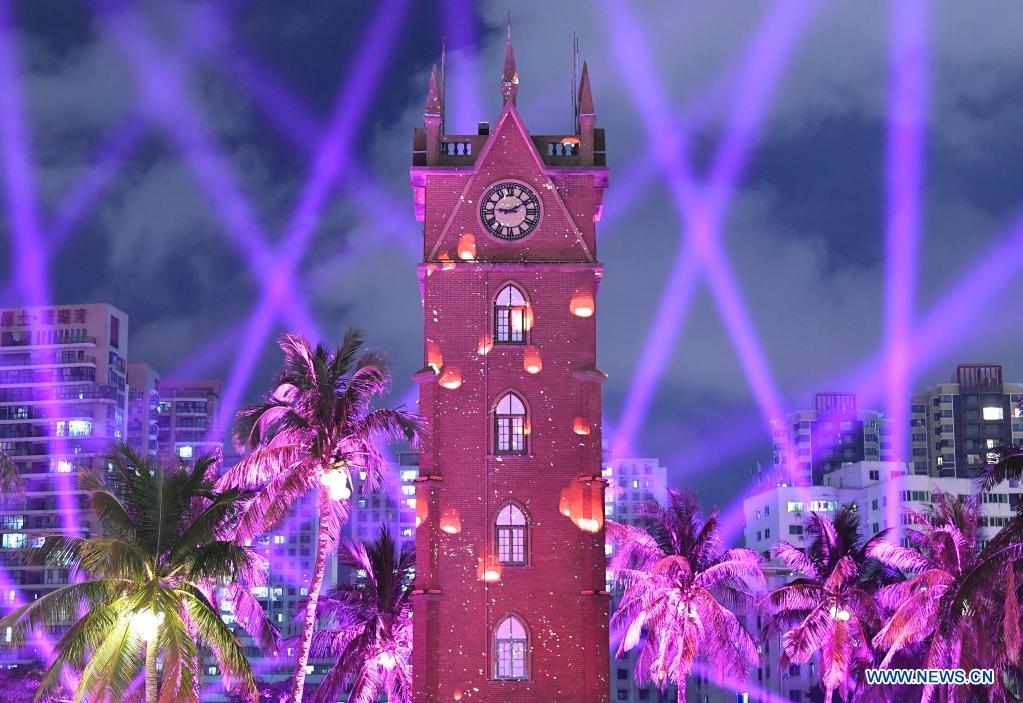 Light show held at bell tower in Haikou, Hainan