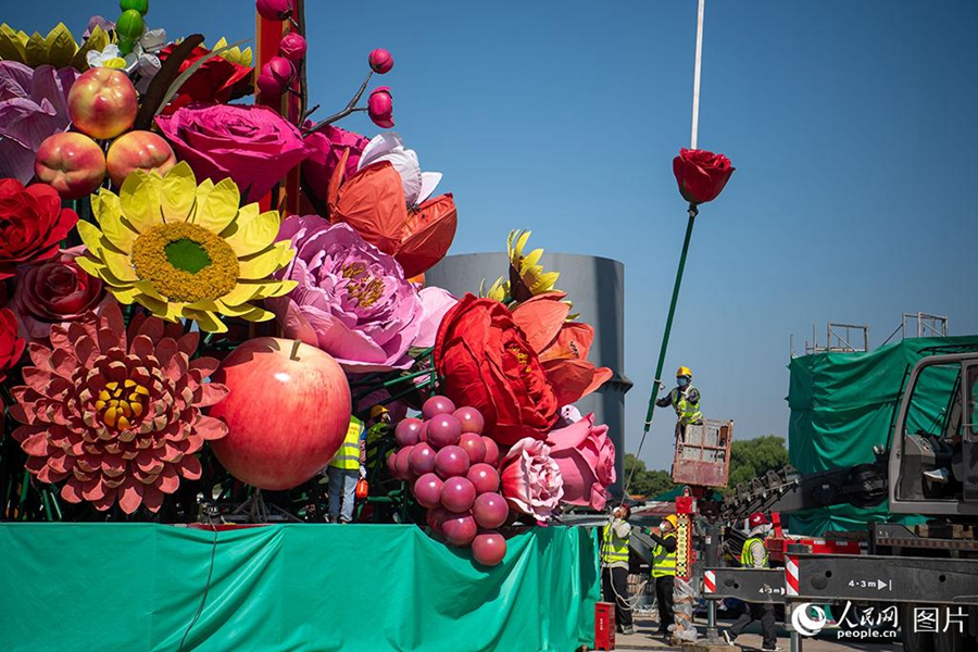 Artificial flower basket placed at Tiananmen Square for upcoming National Day holiday