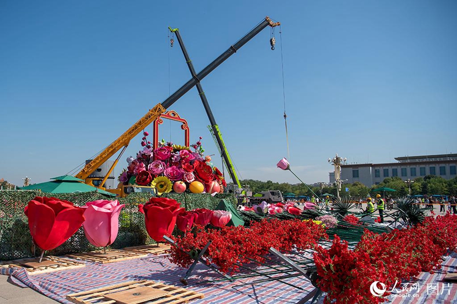 Artificial flower basket placed at Tiananmen Square for upcoming National Day holiday