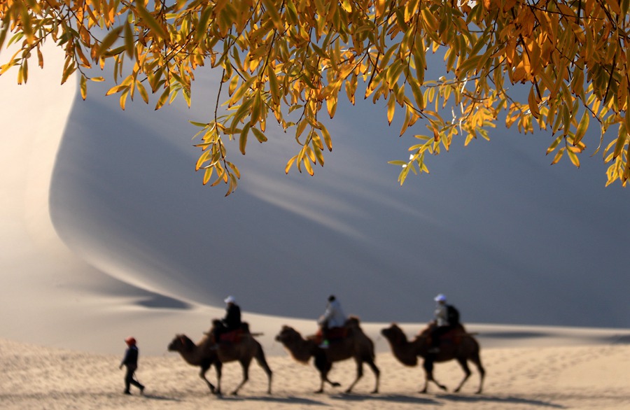 Beautiful view in Mingsha Mountain and Crescent Spring scenic spot in Dunhuang