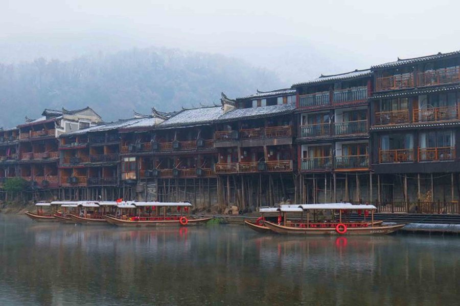 Picturesque snow scenery of Fenghuang ancient town in central China