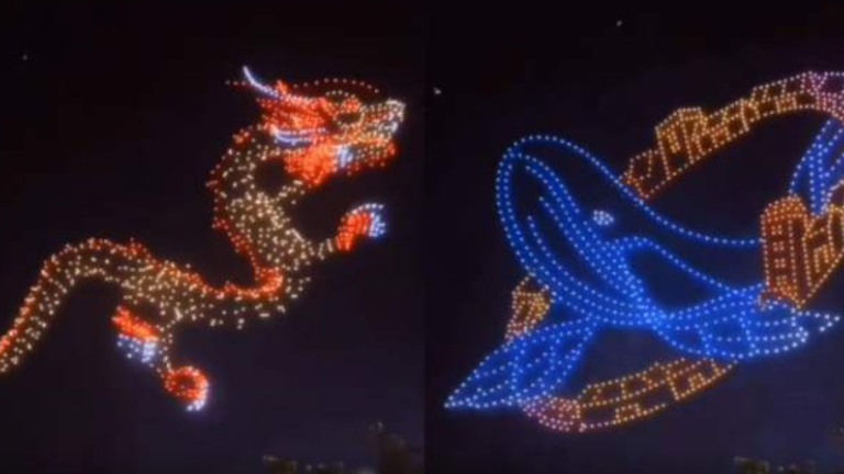 Drones light the night sky during Dragon Boat Festival