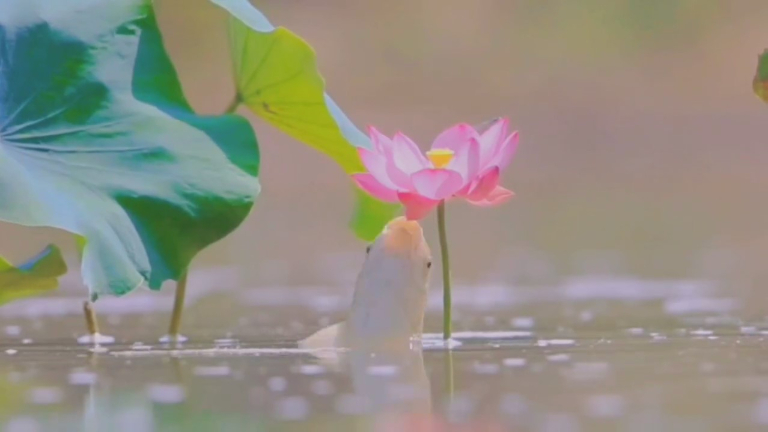 Carp nibbles on a lotus flower petal