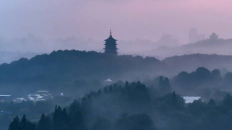 West Lake at dawn resembles ink wash painting