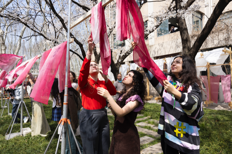 University classroom with view of cherry blossoms turns into dyeing workshop