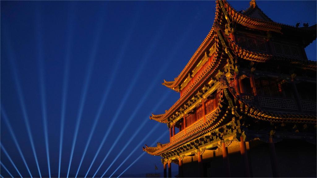 Night view of Jiayu Pass scenic area in China's Gansu