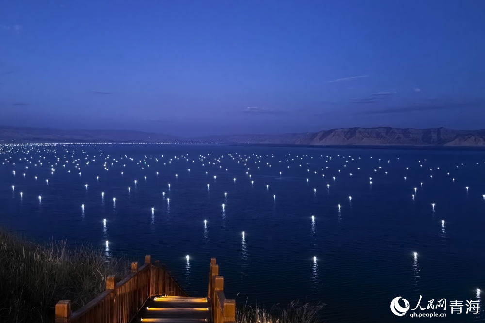 Stunning night views of fishing light-dotted lake in Longyang Gorge, NW China's Qinghai