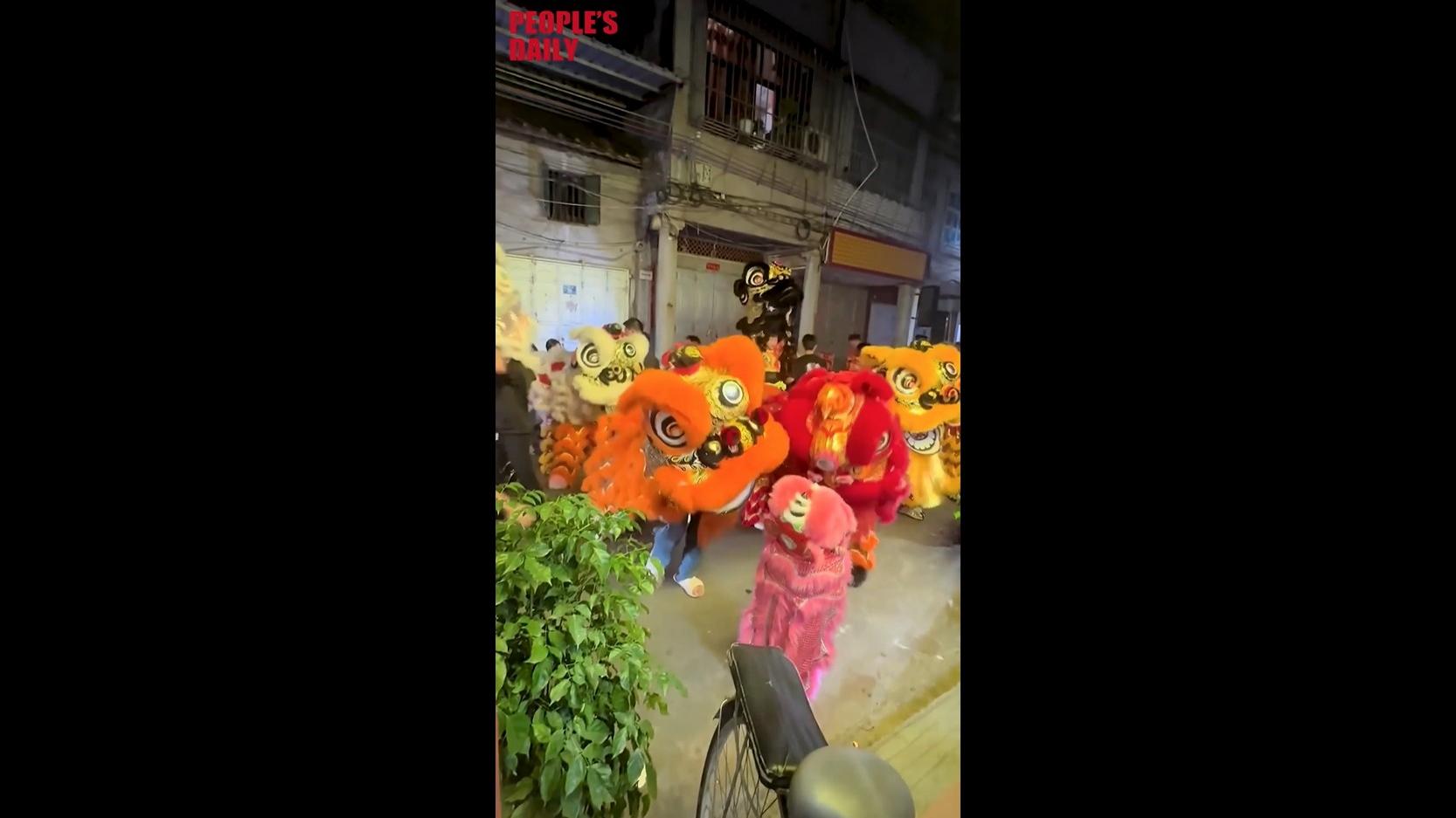 Sweet encounter between lion dancers and toddler