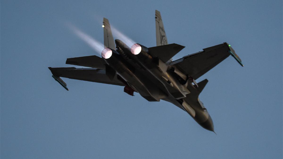 J-15 carrier-based fighter jet soars into sky