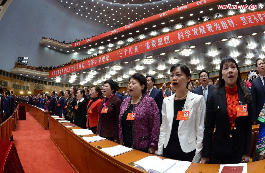 Delegates sing national anthem during the opening ceremony of the 18th National Congress of the Communist Party of China (CPC) at the Great Hall of the People in Beijing, capital of China, Nov. 8, 2012. The 18th CPC National Congress opened in Beijing on Thursday. (Xinhua/Rao Aimin)