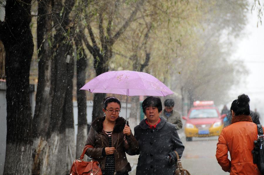 Citizens walk in the snow on a street in Hegang City, northeast China's Heilongjiang Province, Nov. 8, 2012. Hegang City received small to moderate snowfalls on Thursday. (Xinhua/Wang Kai) 