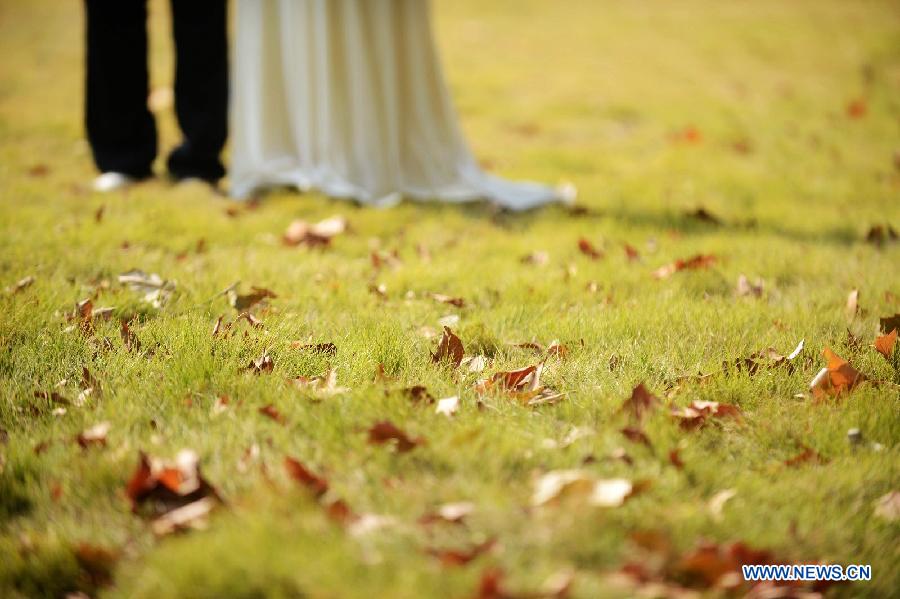 Leaves fall onto the grassland on the campus of Yangzhou University in Yangzhou, east China's Jiangsu Province, Nov. 7, 2012. The beautiful scenery of Yangzhou University in late autumn attracted many people to come to enjoy. (Xinhua/Meng Delong) 