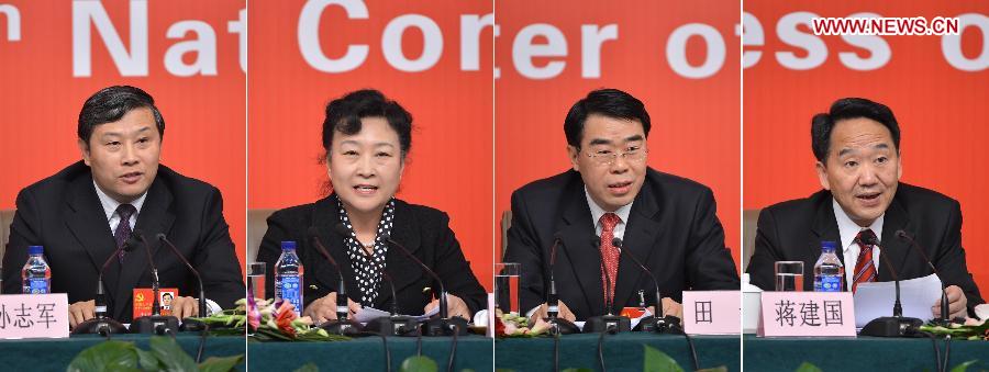 Combined photo shows (L-R) Sun Zhijun, vice minister of the Publicity Department of the CPC, Zhao Shaohua, vice minister of culture, Tian Jin, vice director of the State Administration of Radio Film and Television, and Jiang Jianguo, vice director of the General Administration of Press and Publication at a press conference held by the press center of the national congress, Nov. 11, 2012. (Xinhua/Li Xin)