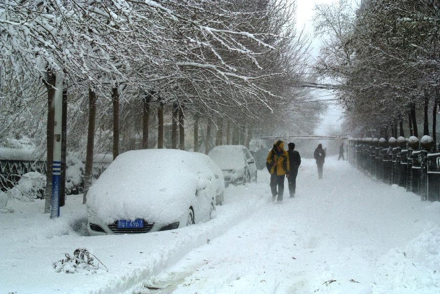 People walk on the snow-covered road in Hegang, northeast China's Heilongjiang Province, Nov. 12, 2012. Heavy snowstorms have cut off regional power and water supplies as well as forced schools and highways to close in northeast China's Heilongjiang and Jilin provinces on Monday. (Xinhua/Bao Hongsheng) 