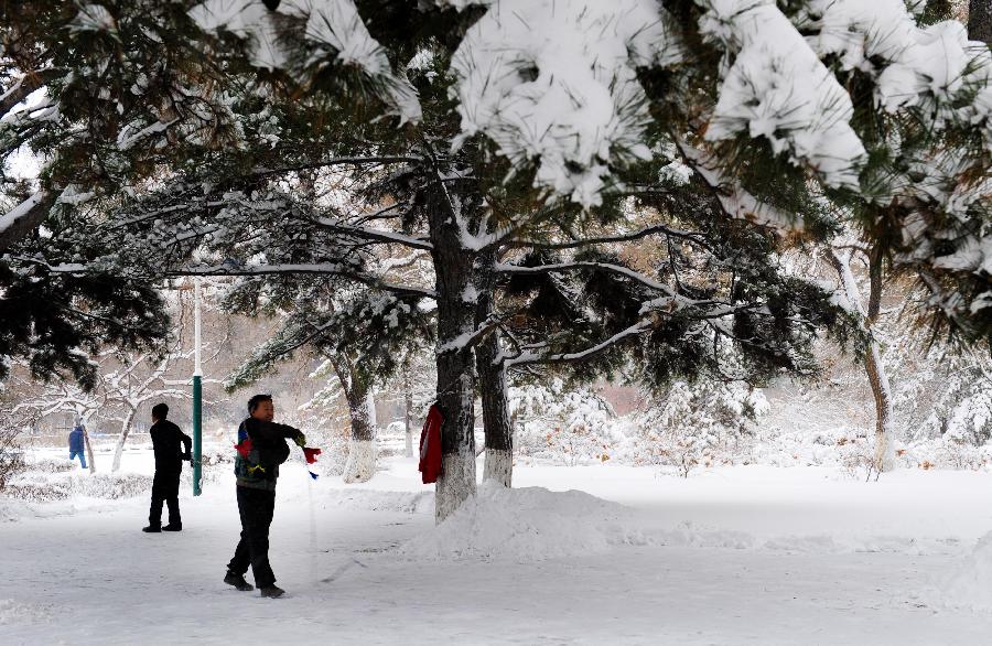 Citizens do morning exercise in a snow-covered yard of Nanhu Park in Changchun, capital of northeast China's Jilin Province, Nov. 13, 2012. The city witnessed a heavy snow since Monday. (Xinhua/Xu Chang) 