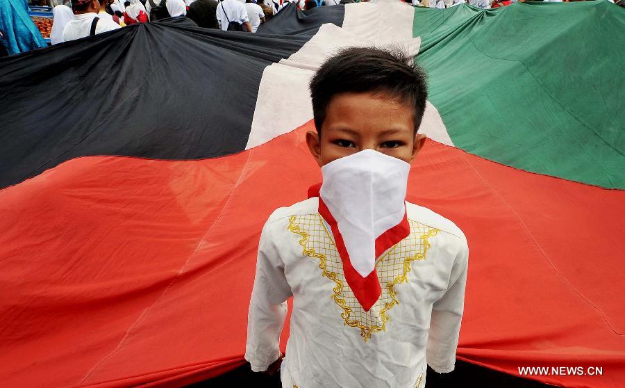 A boy wearing a mask attend a protest against Israeli air strikes on Gaza, in Jakarta, Indonesia, Nov. 18, 2012. (Xinhua/Agung Kuncahya B.) 