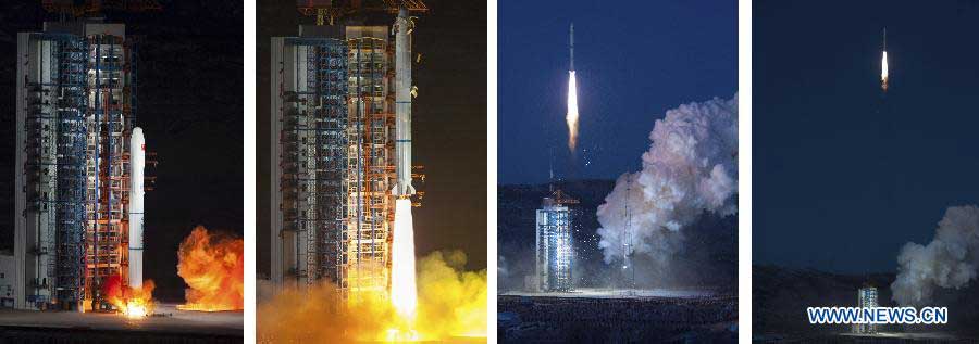 Combination photo taken on Nov. 19, 2012 shows Long March-2C carrier rocket carrying an environment-monitoring satellite Huanjing-1C blasting off from the launch pad at the Taiyuan Satellite Launch Center in Taiyuan, capital of north China's Shanxi Province. The Huanjing-1C satellite and the other two satellites Huanjing-1A and Huanjing-1B, which were sent to the outer space in 2008, will be used to monitor the environment and help reduce natural disasters. (Xinhua/Liu Chan) 