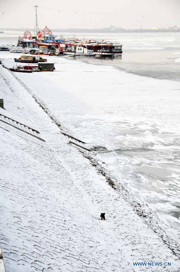 Sightseeing boats are seen on the frozen Songhua River in Harbin, capital of northeast China's Heilongjiang Province, Nov. 19, 2012. Navigation on the Harbin section of Songhua River has been closed since Monday, as the river entered frozen-up season due to the temperature plunge recently. (Xinhua/Wang Kai) 