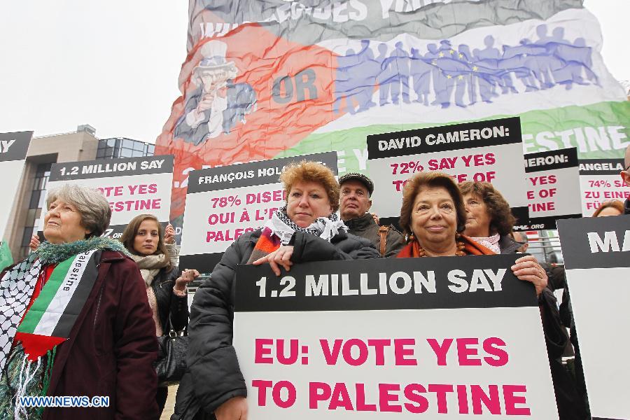 Activists attend a rally with a huge palestinian flag in front of EU headquarters in Brussels, Belgium, Nov. 19, 2012. Demonstrators installed the giant flag to urge EU backing the Palestinian membership in the United Nations. (Xinhua/Zhou Lei) 