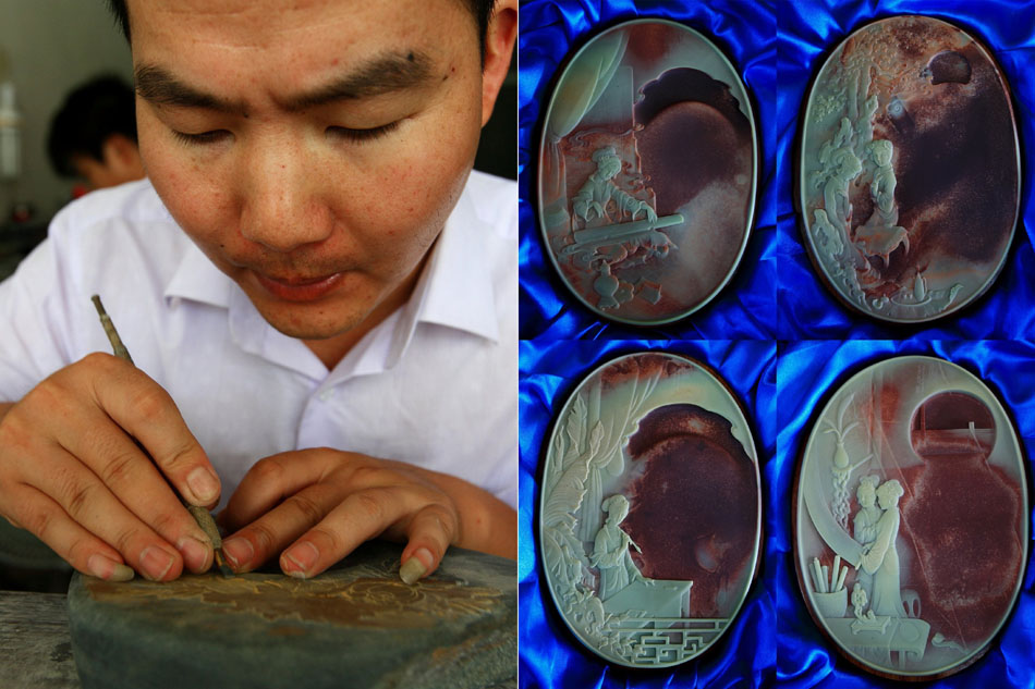 This combined photo taken on Aug. 7, 2012 shows Wen Xin making an inkestone carving (L) and his four inkstone carvings in Shexian County of east China's Anhui Province. (Xinhua/Xu Zijian)
