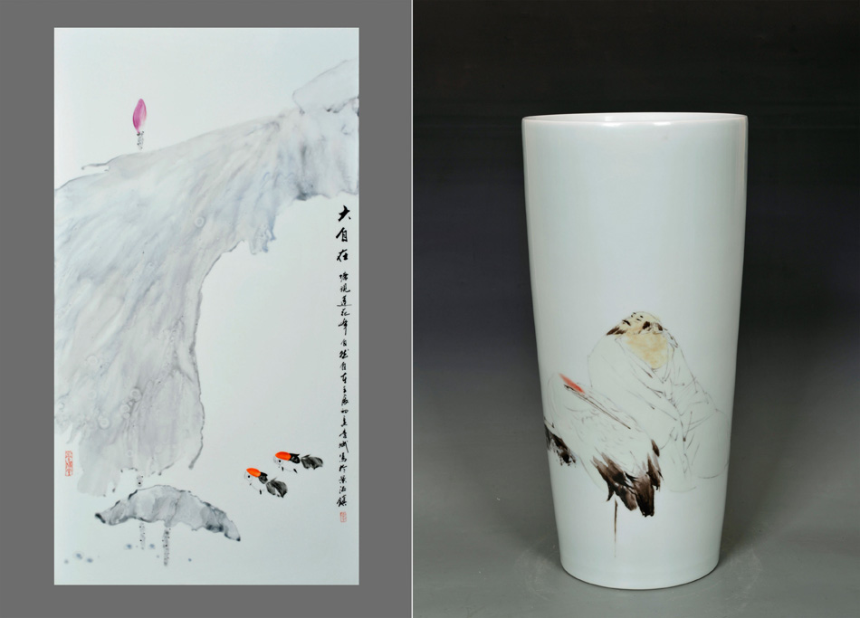 The combined photo shows parts of Li Bin's second enamel painted porcelain series works. (Xinhua/Chen Wenjie)