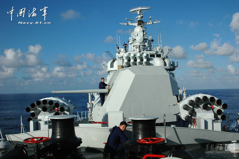 The first destroyer fleet of the Navy of the Chinese People's Liberation Army (PLA) equipped with the information-based maritime combat platform conducts joint training. (China Military Online)