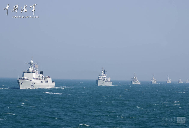 The first destroyer fleet of the Navy of the Chinese People's Liberation Army (PLA) equipped with the information-based maritime combat platform conducts joint training. (China Military Online)