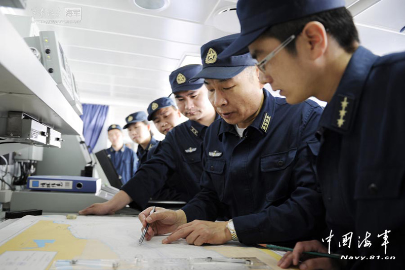 The first destroyer fleet of the Navy of the Chinese People's Liberation Army (PLA) equipped with the information-based maritime combat platform conducts joint training. (China Military Online)