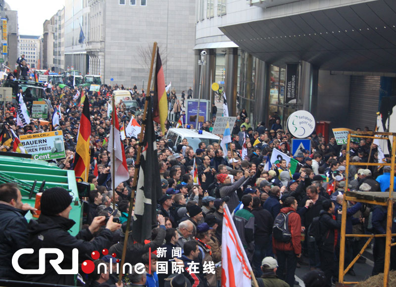 Dairy farmers gather in front of the European Parliament building during a protest against E.U. agricultural policies at the Place du Luxembourg in Brussels, Belgium, Nov. 26, 2012. Dairy farmers from all over Europe demonstrated in Brussels on Monday to protest against falling milk prices caused by overproduction in the continent. (Photo/CRI Online)