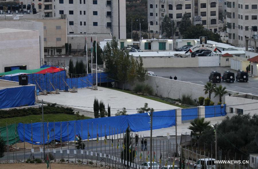 The photo taken on Nov. 27, 2012 shows the mausoleum of the late Palestinian leader Yasser Arafat in the West Bank city of Ramallah. Samples of the remains of iconic Palestinian leader Yasser Arafat were exhumed so experts could search for additional clues to his death, Palestinian officials said.(Xinhua/Ayman Nobani)