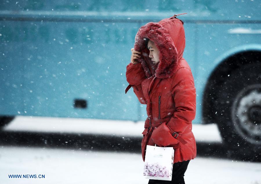 A young woman walks in snow in Harbin, capital of northeast China's Heilongjiang Province, Nov. 28, 2012. Cold air front moving eastward will sweep China's northern regions during the next few days, bringing strong winds and big temperature drops, the National Meteorological Center (NMC) forecast on Wednesday. (Xinhua/Wang Kai) 