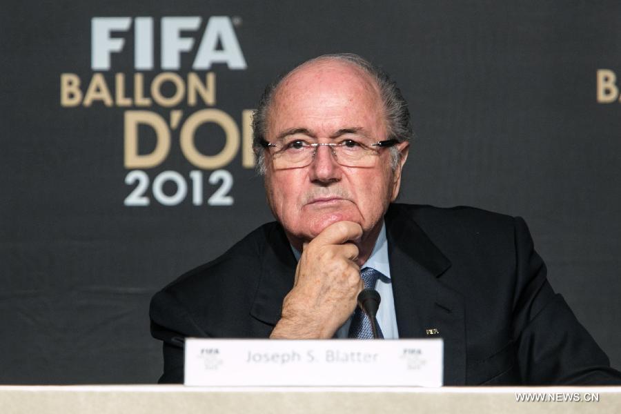 FIFA President Sepp Blatter is seen during the announcement of the finalists of Golden Ball award in Sao Paulo, Brazil, Nov. 29, 2012.  (Xinhua/Agencia Estado) 