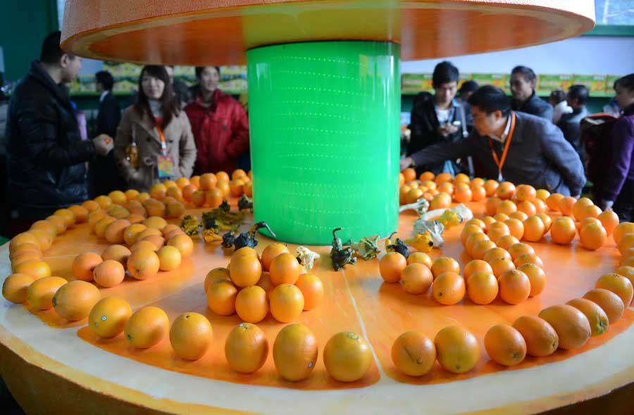 The fourth international orange festival was held in gold square of Ganzhou, Jinagxi on Nov. 29. This event fully displayed orange industry of Ganzhou, which includes oranges' production, processing, sales, technology and mechanical equipment and so on. (Xinhua/Zhou Ke)