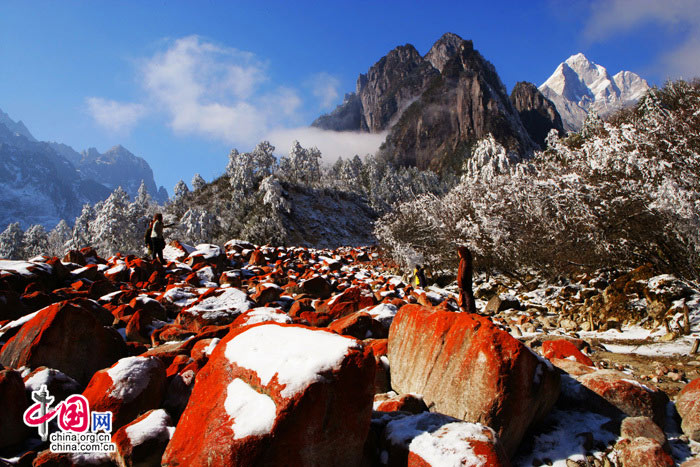 The photo shows the unique spectacle of red stones in the Hailuo Valley, at the foot of the Gongga snow-topped peak, which situates on the eastern hillside of Gongga Mountain at the eastern edge of the Qinghai-Tibetan Plateau. The red material on the stones is a kind of primitive algae. The valley is known as the "No.1 red stone rapid in the world". (China.org.cn)