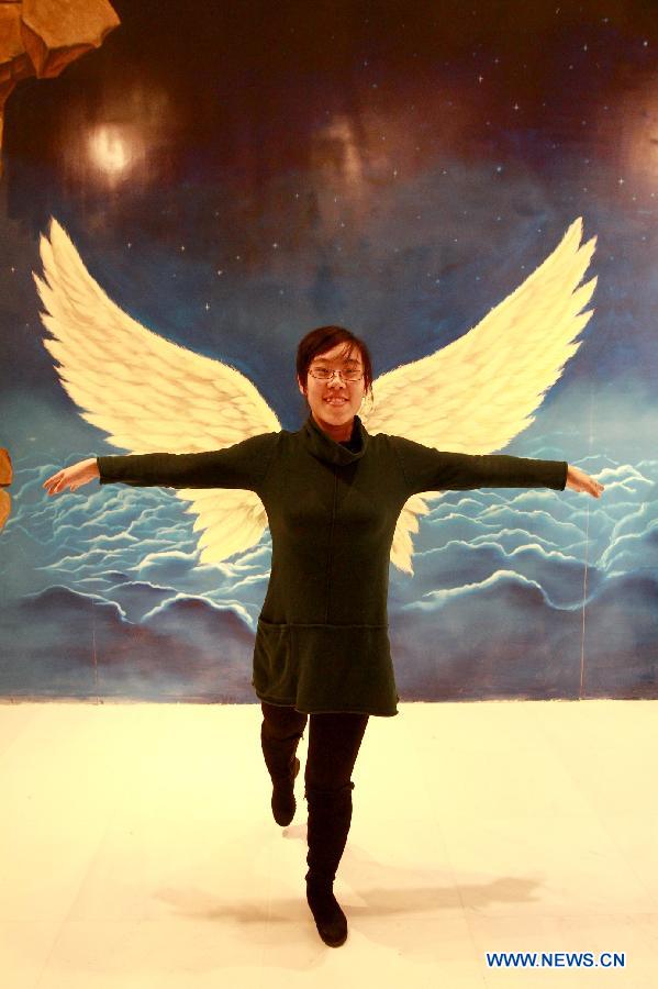 A visitor poses with a three dimensional painting during an exhibition in Tianjin, north China, Dec. 1, 2012. (Xinhua/Wang Qingyan)