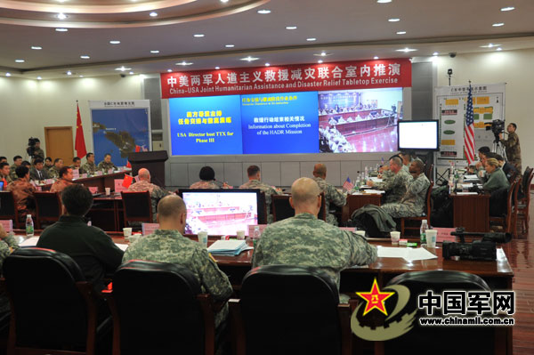 The photo shows the scene of the China-U.S. joint humanitarian rescue and disaster relief tabletop exercise. (PLA Daily/Yang Liming)