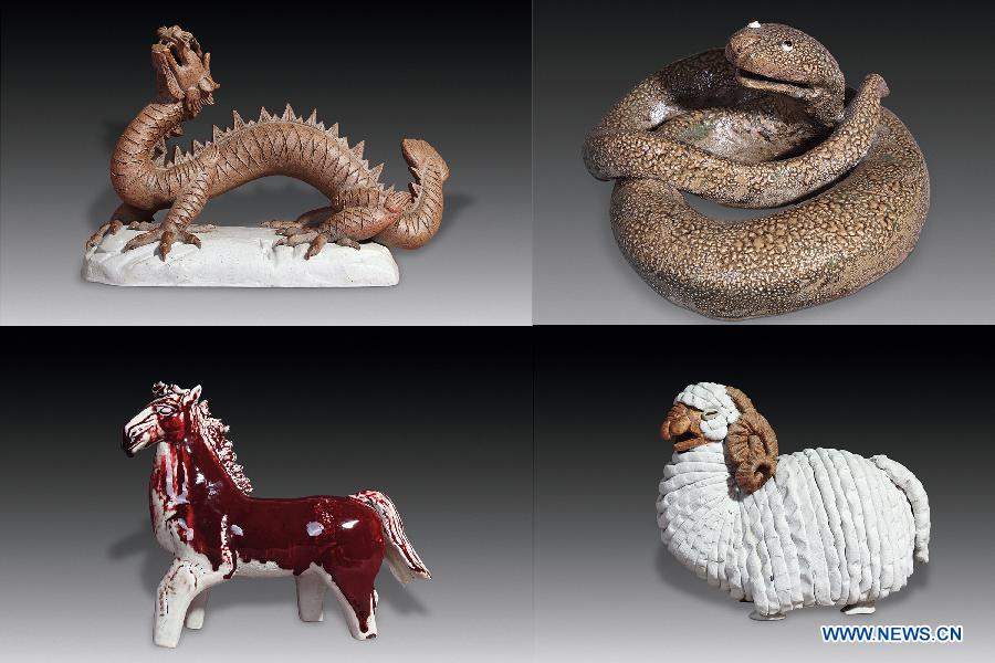 Combination photo taken on Oct. 25, 2012 shows ceramic sculptures of the fifth to the eighth Chinese zodiac animals, i.e. (clockwise) the Chinese dragon, the snake, the horse and the sheep, created by renowned sculptor Zhou Guozhen, in Jingdezhen, east China's Jiangxi Province. (Xinhua)