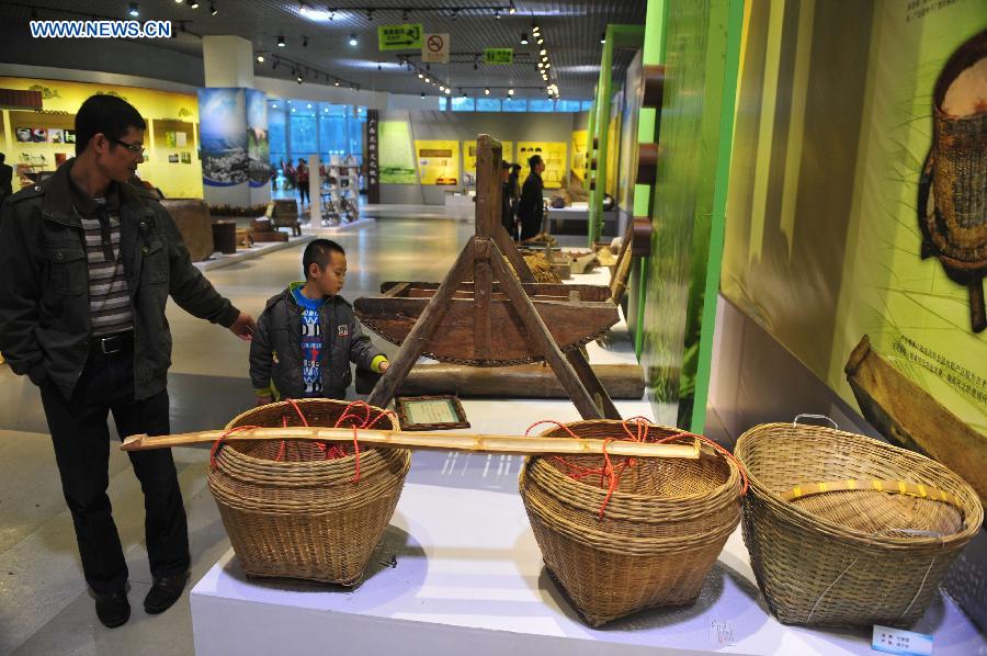 Visitors look at the farm tools displayed during an exhibition on farming culture of Zhuang ethnic group in Nanning, capital of southwest China's Guangxi Zhuang Autonomous Region, Dec. 1, 2012. (Xinhua/Huang Xiaobang)