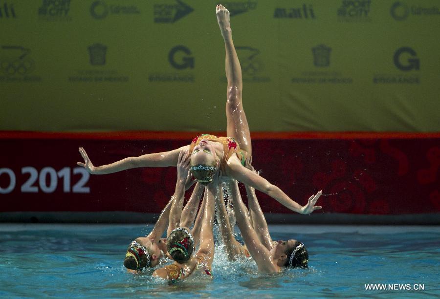 Ukranian players compete in the presentation of routines combined mode combos during the 7th FINA Synchronised Swimming World Trophy 2012 in Mexico City, capital of Mexico, Dec. 2, 2012. (Xinhua/Bao Feifei)