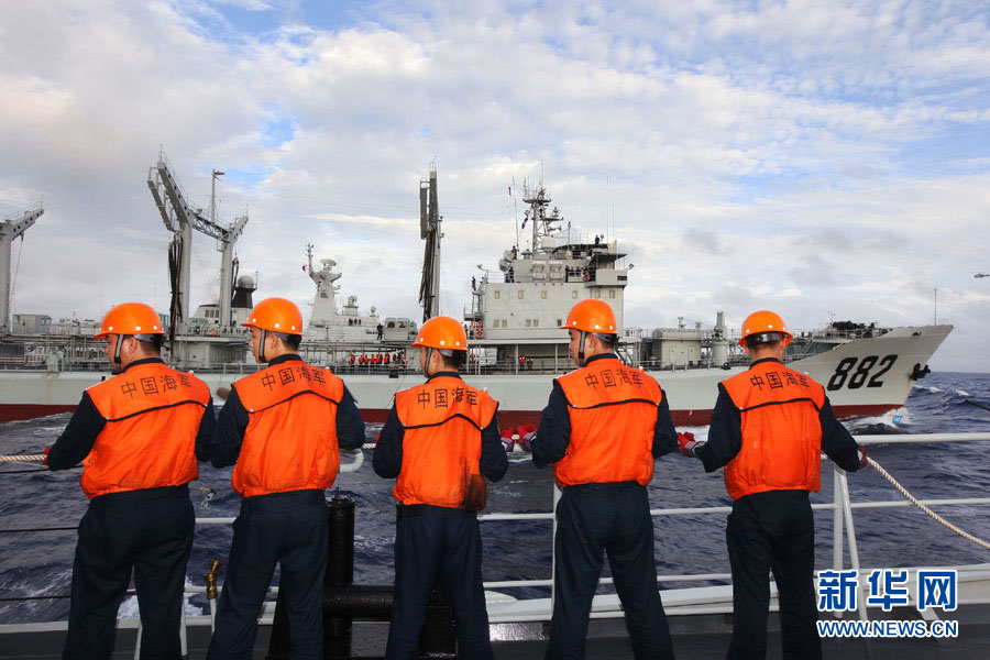 A taskforce of the Navy of the Chinese People's Liberation Army (PLA) completed underway comprehensive supply training in a sea area of the West Pacific Ocean on December 6, 2012. (Xinhua/Ju Zhenhua)