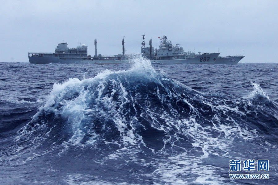 A taskforce of the Navy of the Chinese People's Liberation Army (PLA) completed underway comprehensive supply training in a sea area of the West Pacific Ocean on December 6, 2012. (Xinhua/Ju Zhenhua)