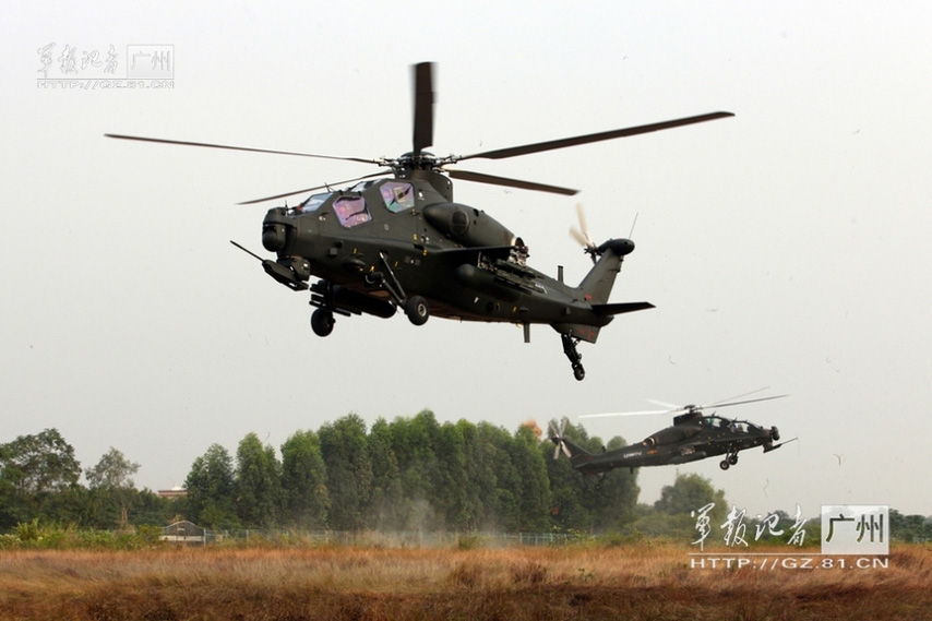 China's independently-developed WZ-10 armed helicopters of an army aviation brigade of the Guangzhou Military Area Command (MAC) of the Chinese People's Liberation Army (PLA) are in training. (China Military Online/Li Sanhong)